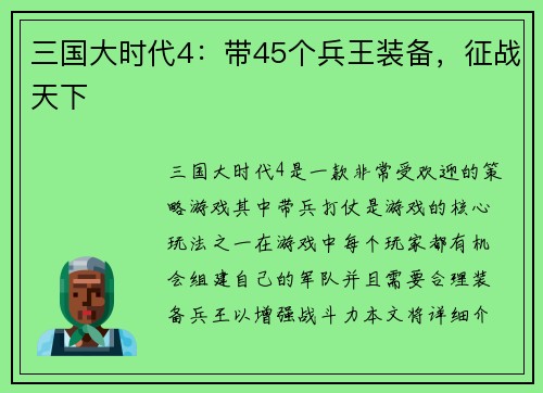 三国大时代4：带45个兵王装备，征战天下